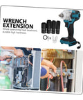 Top Shelf Cordless Impact Wrench With Brushless Motor For Serious Jobs, shown with wrench extension and accessories for professional use.