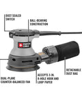 5-Inch Random Orbital Sander With Dual Plane Balance, Hundred Percent Ball Bearing Construction for woodworking projects, labeled features