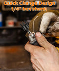 Pro Wood Plug Cutter Set For Woodworking Pros With Straight And Tapered Cutters In Four Sizes showing 1/4 inch hex shank in use