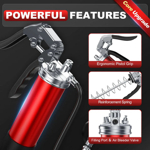 Heavy duty grease gun kit with ergonomic pistol grip and high-pressure reinforcement spring for precise lubrication.