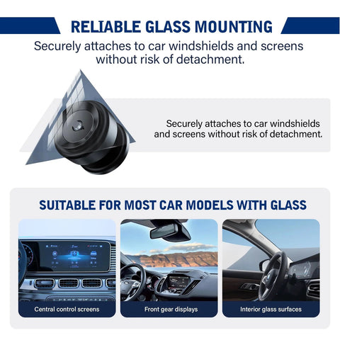 Close-up of black 360-rotatable car magnetic phone holder with vacuum suction on glass surface