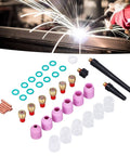 Forty Piece TIG Welding Torch Accessories Kit Featuring Boss Level Ceramic Collets And Alumina Nozzles Plus Clean Flow Gas Lens Cups For WP And Miller Diamondback Shop Tools Heavy Duty Gear displayed with torch parts, collets, and nozzles.
