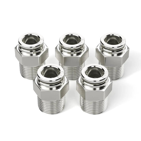 Pack of five stainless steel push to connect fittings, straight male, 1/4 inch tube OD to 1/4 inch NPT thread, durable 304 stainless