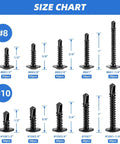 410 Stainless Steel Self Tapping Screws Self Drilling Sheet Metal Screws Black Oxide Assortment size chart, truss head 8 and 10.