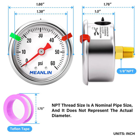 Stainless Steel Glycerin Filled Pressure Gauge Zero To Sixty Psi One Eighth Inch NPT One And A Half Inch Dial Back Mount