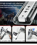 Rock Solid Full Extension Drawer Slides Locking Side Mount Cabinet Rails featuring smooth ball bearing operation and dimensions in high-strength steel.
