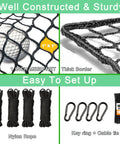 Heavy Duty Golf Batting Cage Net for Backyard Practice With Extra Striking Net Frame Not Included Weather Resistant UV Treated Polyester Netting Built Tough for Hard Hitting Golf Balls and Easy Sports Training mesh close-up and setup accessories.