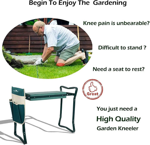 Man using 2-In-1 Garden Stool And Kneeler With Tool Bags And Kneeling Pad, Portable Garden Bench for Yard Work, Durable Outdoor Seat, Green