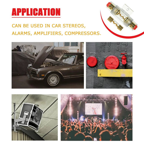 Heavy Duty 100 Amp In Line Fuse Holder with Agc Fuses 4 to 8 Gauge AWG Wire for Car Amps Stereos Boat Alarms Water Pumps fully waterproof, shown in application images.