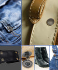 Close-up of 24 Sets Leather Snaps And Fasteners Kit 15mm Metal Snap Button Kit on jeans, leather, and shoes in bronze.