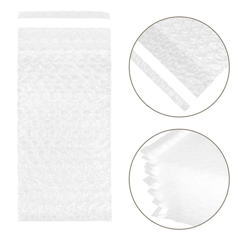 Self Seal Bubble Bags 100 Pack Reusable PE Cushioning Pouches With Self Adhesive Closure For Quick And Easy Packing And Shipping Electronics Glassware Fragile Items shown with close-up details