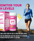 Woman jogging with PH Test Strips For Home Use, 150 Count, Range 4.5 To 9, Urine And Saliva Monitoring, Litmus Paper next to her.