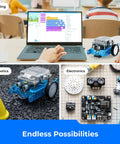 MBot Arduino Robot Kit With Scratch Coding Box For Kids Ages 8 To 12 Learn To Code With Block Based Games And Fun Projects A Hands On STEM Toy To Build Tinker And Master Creative Tech Skills. Blue metal robot kit on laptop and parts