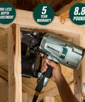 Coil Framing Nailer With 15 Degree Magazine Delivers Fast Driving For Two Inch To Three And One Quarter Inch Nails Lightweight Eight Point Eight Pounds Perfect For Wall Sheathing Roof Decking And Subflooring in use on wood frame