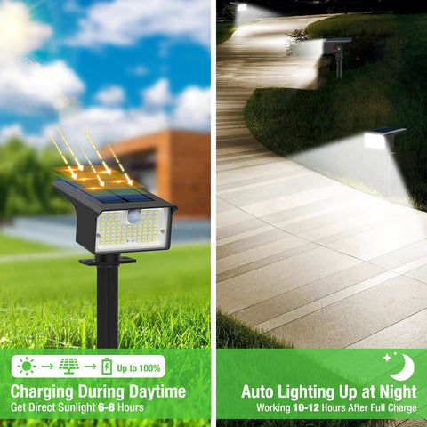 Super Duper Bright 3 Pack Solar Spot Lights Landscape Security with motion sensor, shown charging in day and illuminating pathway at night.