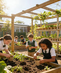 Children planting in garden beds using breathable paper pulp nursery pots for seedlings and direct planting outdoors.