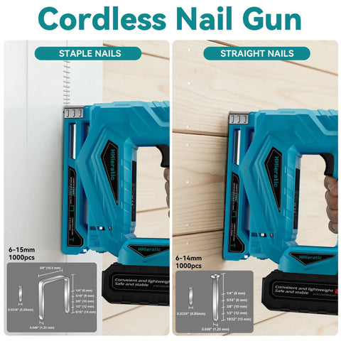 Heavy Duty 2 In 1 Cordless Brad Nailer And Stapler Combo With 18 Volt Battery showing staple and straight nail options on wooden surface.