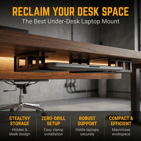 2 Pack Under Desk Laptop Mount Rack With Heavy Duty Steel Brackets And Non Slip Pads, sleek design under desk setup.