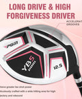Women's 12 Piece Golf Club Set With 460cc Driver showcasing clubhead details in black, white, and pink design.
