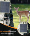 E6 WiFi Trail Camera Non Cellular With External Antenna Stable WiFi On Site App Viewing Grab And Go 64MP 1296P HD No Glow Night Vision Motion Activated Waterproof Game Camera For Outdoor Wildlife Monitoring attached to tree with solar panel option and deer in background