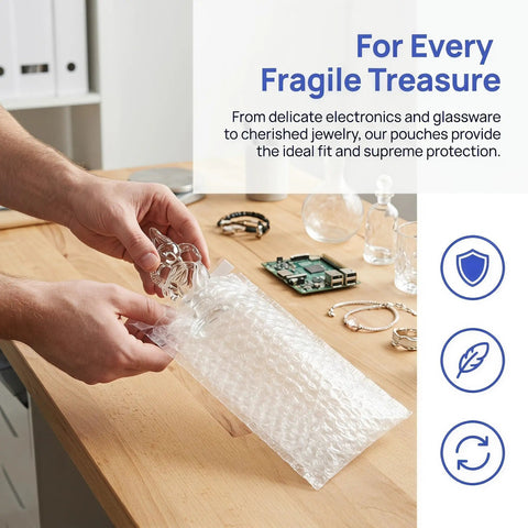 Person packing glass item in self adhesive bubble cushioning pouches made from PE material 100 pack pro grade reusable protective bags.