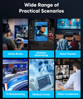 Image showcasing a variety of uses for the 65 Ft Heavy Hitter Fiber Optic Hdmi Cable in gaming, advertising, and conferencing.