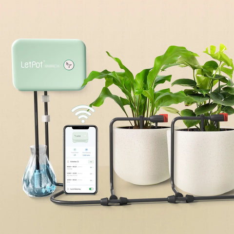 Smart Automatic Watering System For Potted Plants With Wi-Fi And App Control on display with connected pots