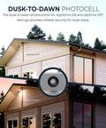 Outdoor Dusk To Dawn LED Security Area Light 2000 Lumens Wall Or Pole Mount Textured Gray Weatherproof Die Cast Aluminum 50,000 Hour Life Wet Location Rated Glare Free Yard And Garage Lighting