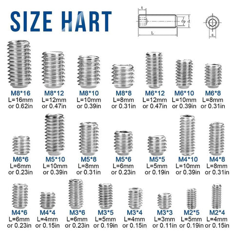 Close-up of 666 Piece Hex Socket Set Screw Assortment Kit Stainless Steel Grub Screws M2 To M8 sizes and dimensions chart.