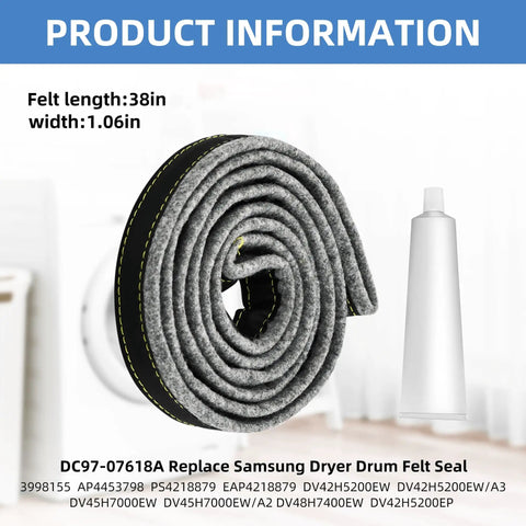 DC97-07618A Dryer Drum Felt Seal Upgrade Kit, gray felt roll 38in long, 1.06in wide for Samsung dryers to reduce noise.