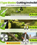 Cordless 4 In 1 Weed Eater With Wheel Beast Mode Power Battery Powered Brush Cutter Edger And Stringless Trimmer showing 3 blade types
