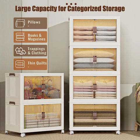 Super Spacious Foldable Storage Bin With Dual Opening Doors For No Sweat Home Organization Stackable Design displaying organized linens and toys.