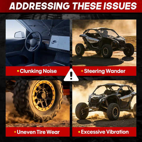 Image illustrating issues addressed by Can Am Maverick X3 Rear Radius Rods 64 Inch Heavy Duty Pre Adjusted Steel.