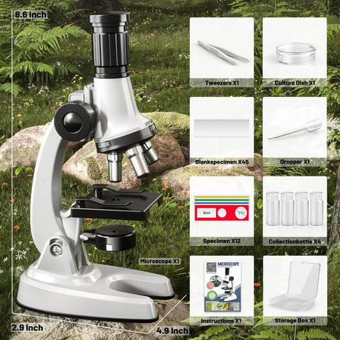 Awesome Kids Microscope Kit With 67 Pieces For Real Science Fun From 100X To 1200X, Includes 12 Prepared Slides, 45 Blank Slides, 5 Cover Slides, Plastic Tweezers, Dropper, 4 Collection Bottles, Culture Dish, Storage Box And More STEM Gear, black microscope