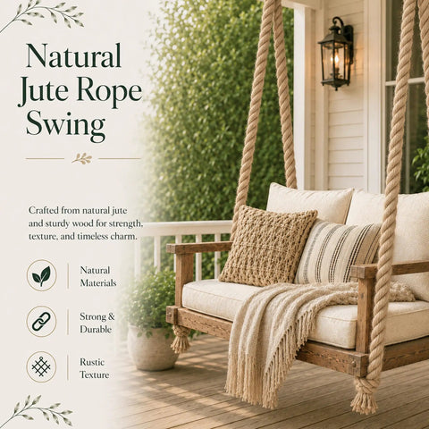 Natural jute rope swing on porch with plants, showcasing Beefy Heavy Duty Manila Rope 1.5 Inch Thick Jute Twisted Rope 20 Ft All Weather.