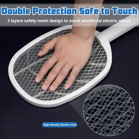 Person touching 2-In-1 Handheld Electric Fly Swatter Zapper With 3000V High Voltage, Plug-In Mosquito Killer Light Trap With 3 Layer Safety Mesh.