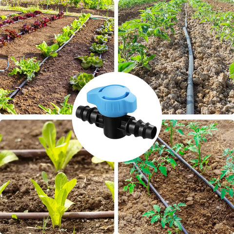 Inline Ball Valve Kit For Drip Irrigation, 12 Pack displayed in use with different garden setups and plants