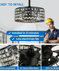 Installation of Sleek Bladeless Ceiling Fan With Remote, Crystal Chandelier Light, 17.7 Inch Black Farmhouse Ceiling Fan