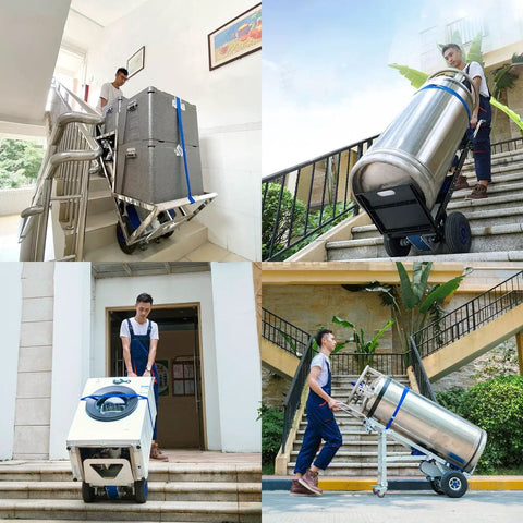 Huge Electric Hand Truck Stair Climber With Brushless Motor Makes Moving Heavy Luggage And Gear Super Easy For Travel Or Shopping Without Any Sweat So You Save Your Back On The Go, transporting large metal container upstairs.
