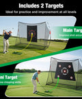 Backyard Golf Practice Net With Two Targets, 10x7ft portable net used by golfer on grass, ideal for swing and pitching practice.