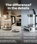 Electric Tea Kettle With Infuser For Loose Leaf Tea No Plastic Touching Water Temperature Control Automatic Shut Off 1.5L Borosilicate Glass Hot Tea Maker comparison highlighting stainless steel infuser and removable lid features.