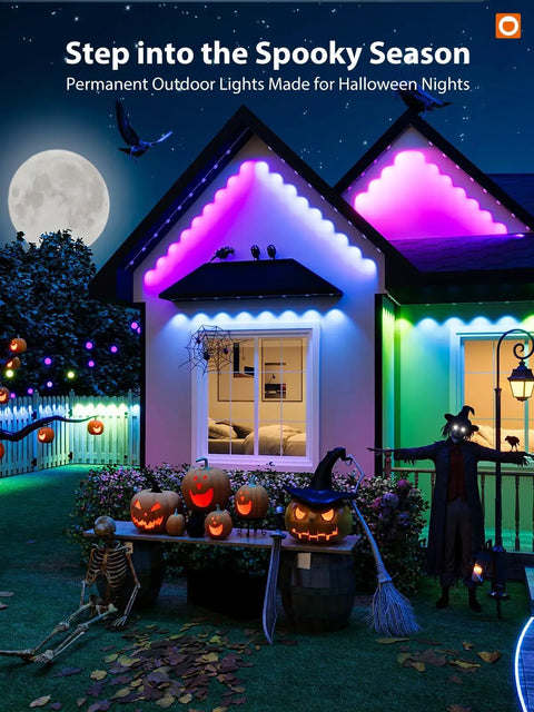 House decorated with Smart RGB IC Outdoor Lights For House And Garden App And Remote Control Scene Modes IP67 Waterproof 200ft Epic Vibe Holiday Decor For Christmas Valentines Day Parties, showcasing Halloween theme with pumpkins and purple lighting.