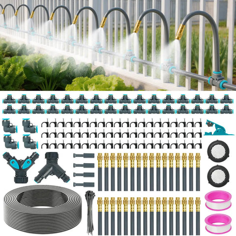360 Degree Adjustable Drip Irrigation System Kit With 200 Ft Reach 5/16 Inch Tubing 32 Copper Nozzles And 141 Piece Set components