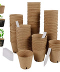 Breathable Paper Pulp Nursery Pots for Seedlings and Direct Planting, shown with labels, ideal for garden beds and containers.