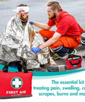 General Medi red first aid kit bag with white cross; reflective emergency blanket covering an injured person.