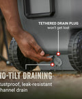 Close-up of drain plug and wheels on Insulated Rolling Cooler With Wheels That Keeps Ice For Days, Leak-Resistant Hard Ice Chest.