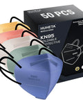 50 Pack KN95 Face Masks 5 Ply Breathable and Comfortable Safety Mask for Everyday Use with 3D Design in assorted colors next to box