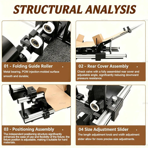 Heavy Duty Manual Box Folding Rig Adjusts Instantly To Cardboard Cartons showing structural components like folding guide roller and size adjustment slider.