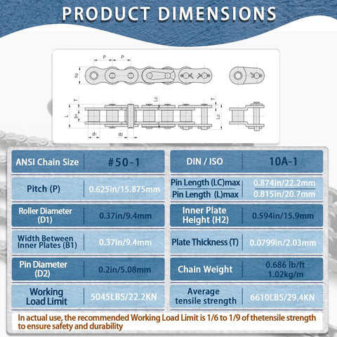 Product dimensions for Taper Lock Sprocket Set; ANSI #50-1 chain size with pitch, roller diameter, weight, load limit details.