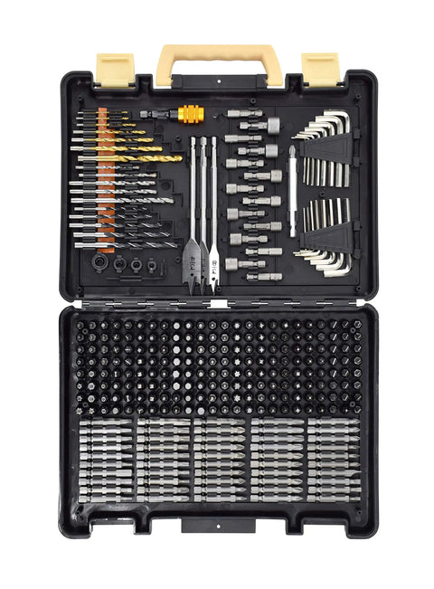 Ultimate 300 Piece Screwdriver And Drill Bit Set With Quick Change Adapter in plastic case, high grade carbon steel bits visible.